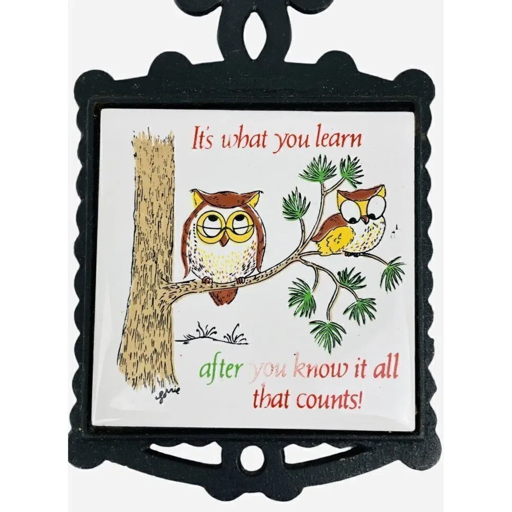 Vintage Know It All Owl Trivet Tile Cast Iron Mid Century Fall Autumn Lorrie